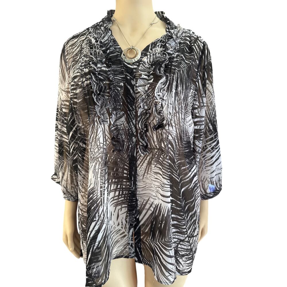 Vintage Sheer Fashion Bug Palm Print Blouse Size 3X in Black and White